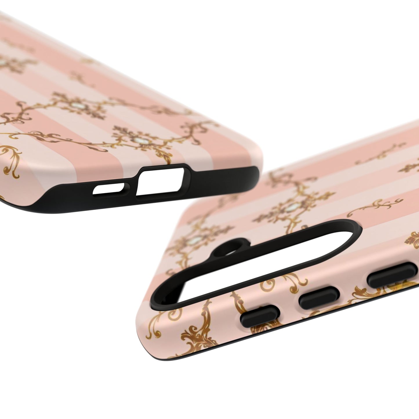 Elegant Floral Phone Case, Tough Cases for Women, Trendy Phone Cover, Chic Gift - Pink Jeweled Striped Gold Baroque