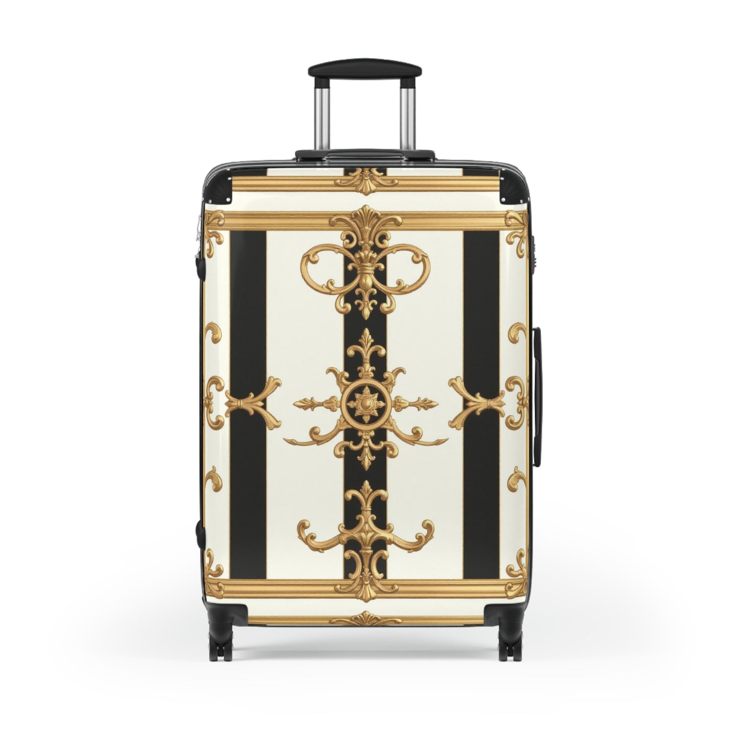 Elegant Black and Gold Travel Suitcase, Luxurious Luggage for Fashionable Travelers, Stylish Carry-On - Black & White Striped Gold Baroque