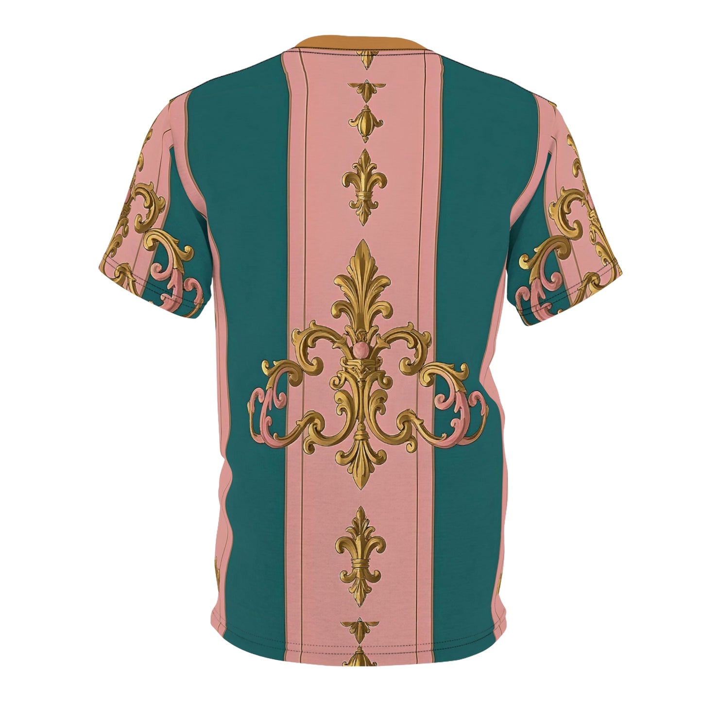 Chic Vintage AOP Tee, Stylish Unisex Cut & Sew T-Shirt, Fashionable Statement Tee - Pink & Teal Striped Gold Baroque