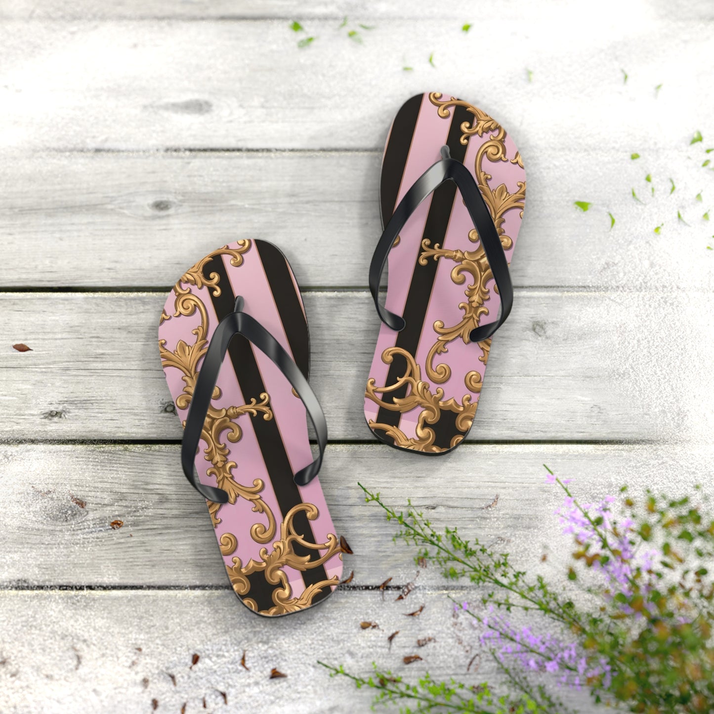 Chic Floral Flip Flops, Summer Sandals, Beach Footwear, Vacation Style, Poolside Essentials - Matte Lavender & Black Striped Gold Baroque