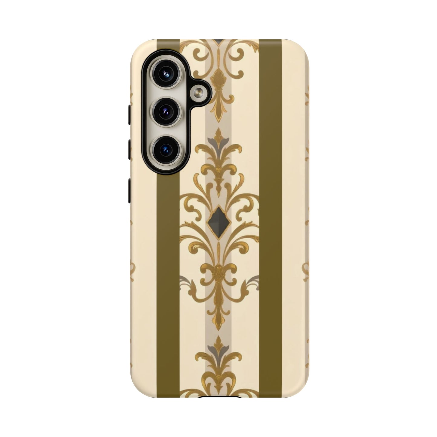 Elegant Floral Motif Phone Case - Tough Cases with Vintage Design - Olive Striped Gold Damask