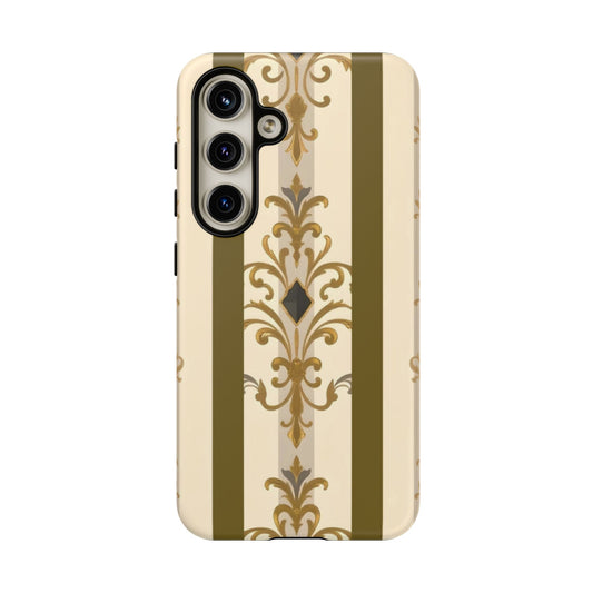 Elegant Floral Motif Phone Case - Tough Cases with Vintage Design - Olive Striped Gold Damask