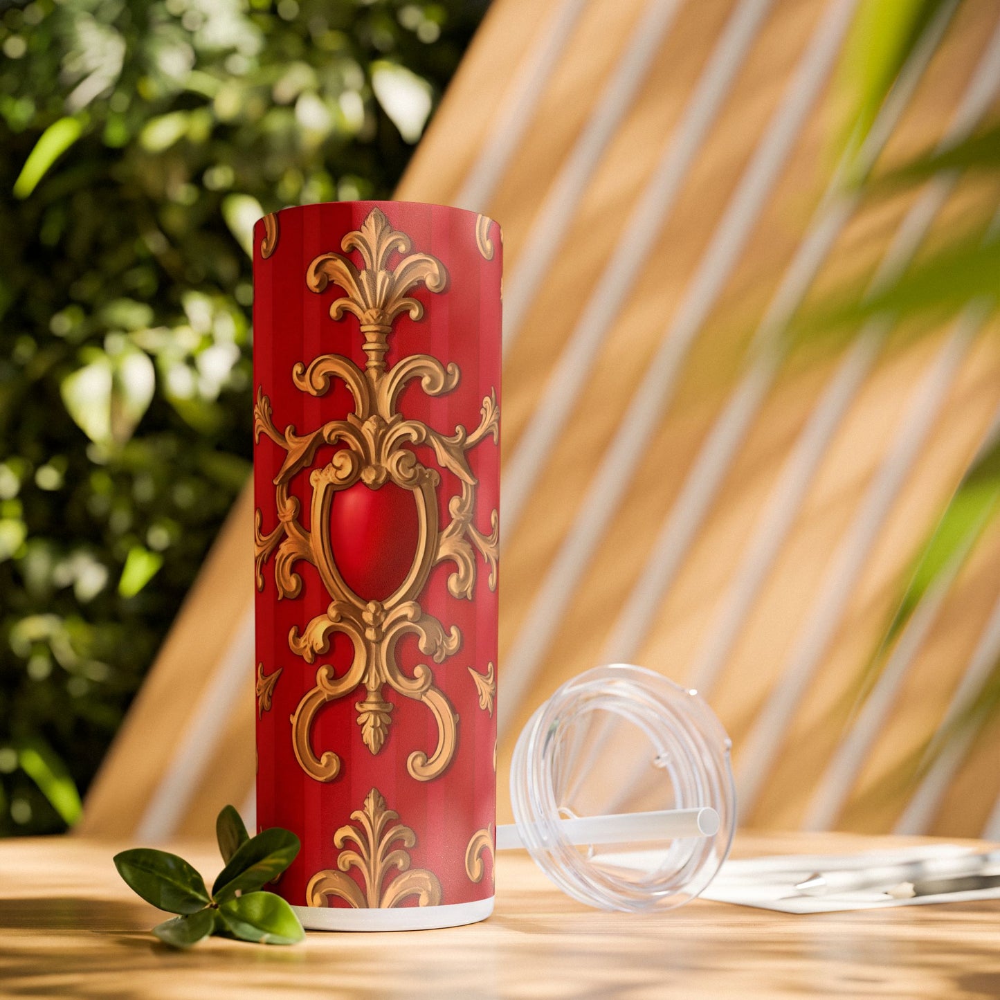Elegant Red Ornate Skinny Tumbler, Stylish Travel Mug with Straw, Perfect for Gifts, Home Office - Blue, Red & White Striped Baroque