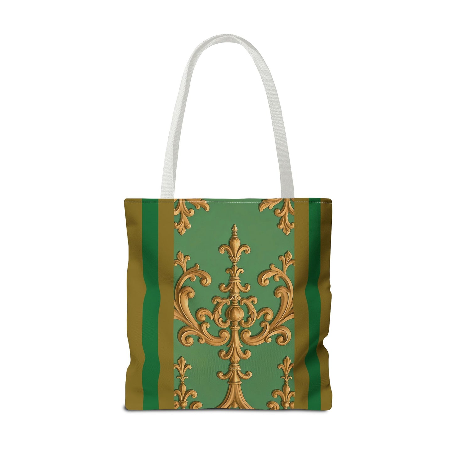 Ornate Floral Tote Bag, Chic Shopping Bag, Fashionable Eco Tote, Stylish Gift for Her, Versatile Everyday Use - Olive Green Striped Rococo