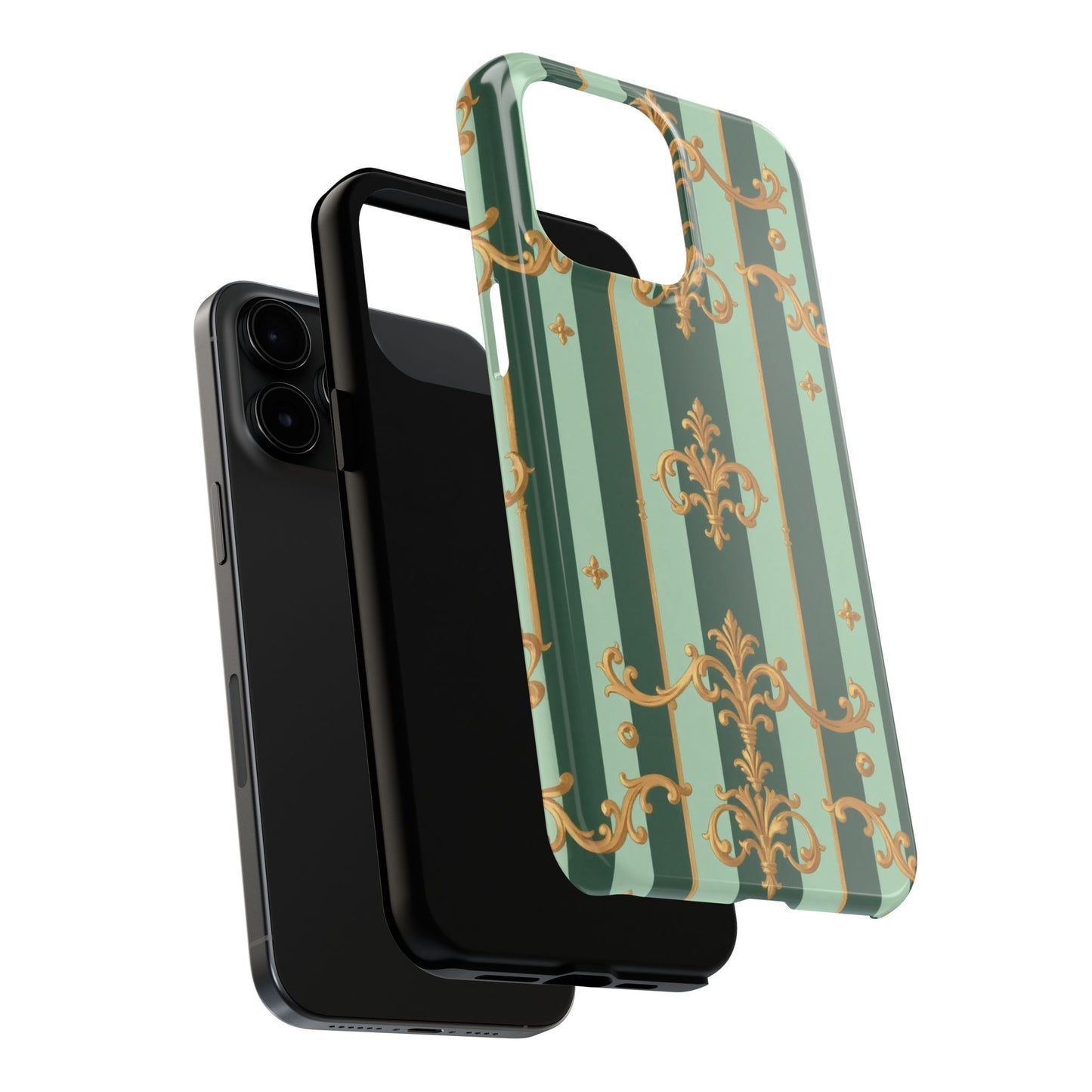 Elegant Floral Tough Phone Cases | Stylish Phone Protection, Gift for Her, Trendy Accessory, Unique Decor - Mint Green & Teal Striped Gold Baroque