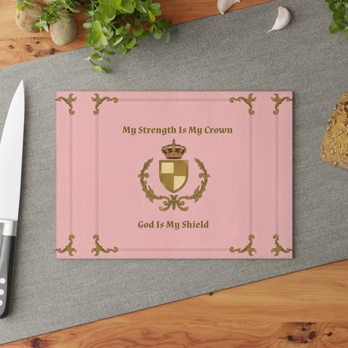 Crest & Crown Spiritual Quote Glass Cutting Board with Inspirational Quote, Kitchen Decor, Gift for Home, Wedding Present, Housewarming Gift