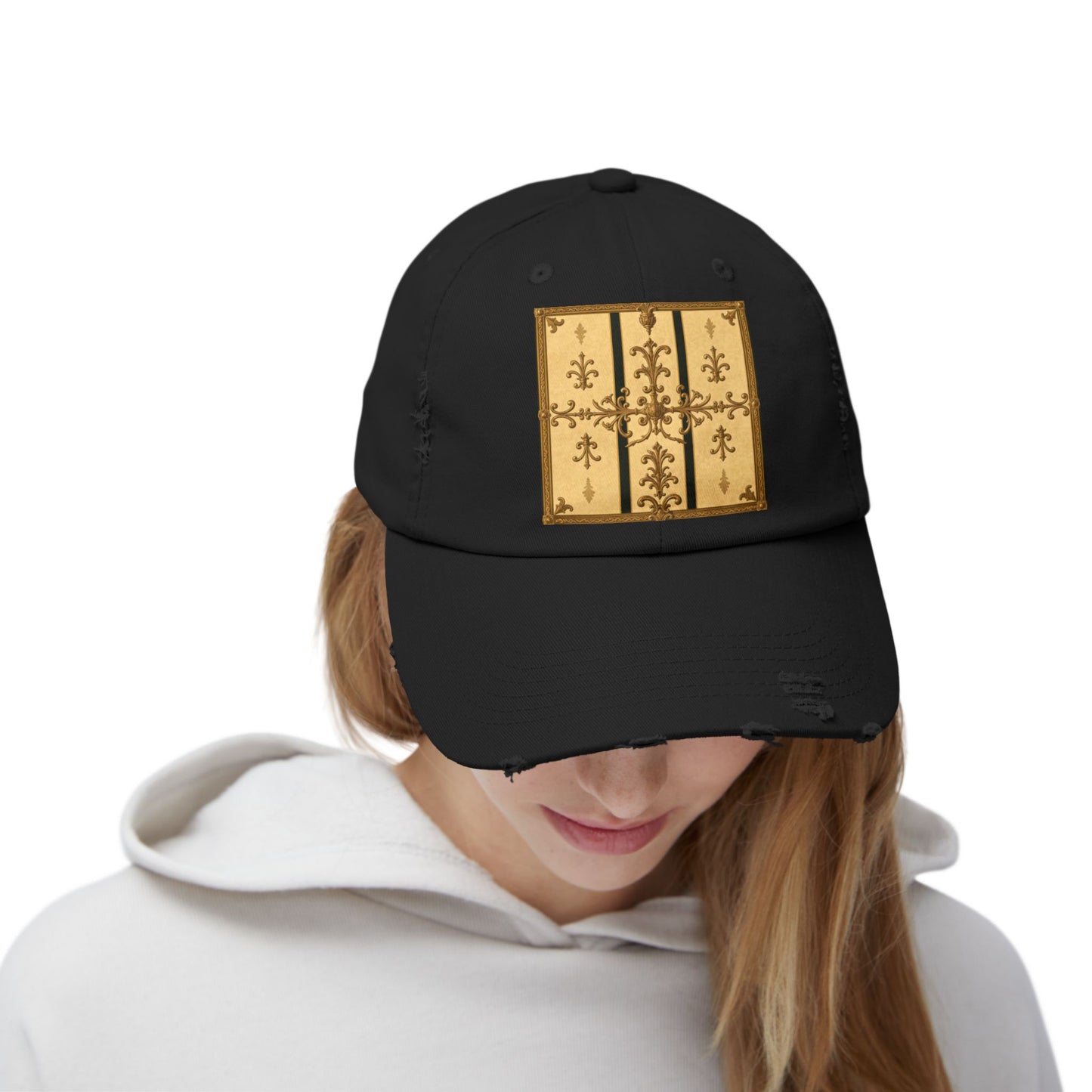 Vintage-Inspired Unisex Distressed Cap with Rustic Floral Design | Perfect for Casual Outings, Gift Ideas - Matte Yellow Striped Antique Rococo