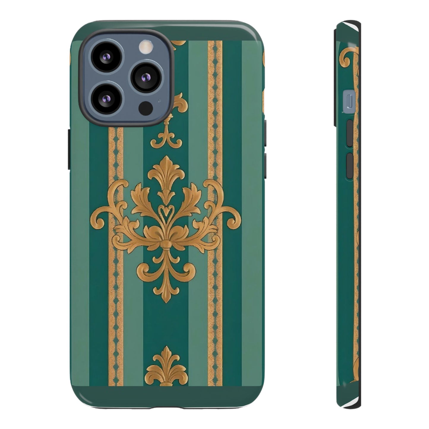 Elegant Floral Motif Phone Case - Tough Cases with Vintage Design - Teal Striped Gold Damask