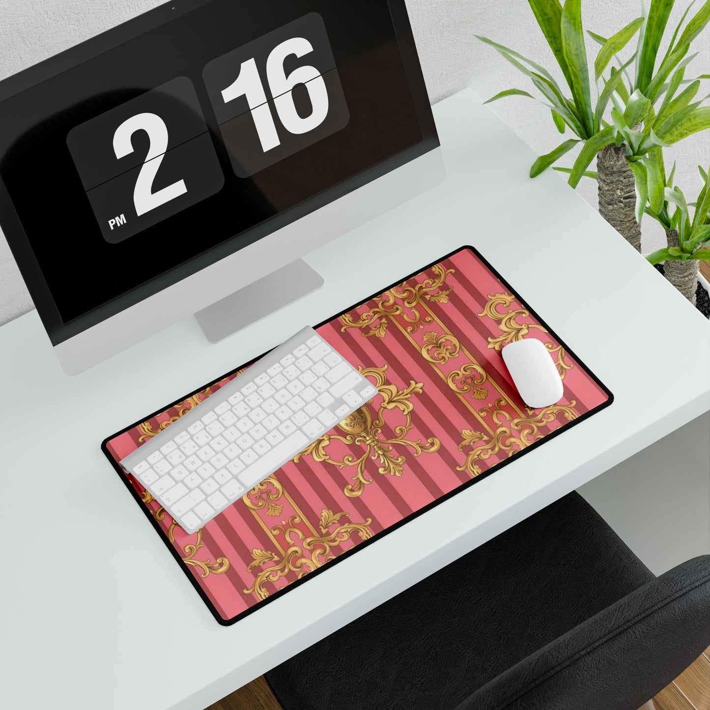 Elegant Desk Mat for Home Office, Stylish Desktop Organizer, Gift for Gamers, Computer Accessories - Pink Striped Gold Baroque