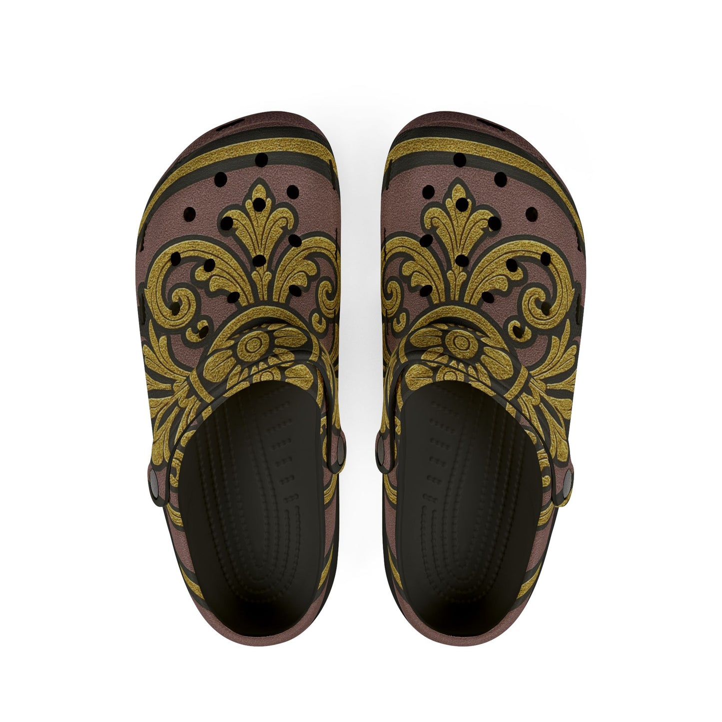 Gilded Mauve With Gold-Black Baroque Stylish EVA Foam Rubber Clogs, Comfortable Slip-On Shoes, Trendy Summer Clogs