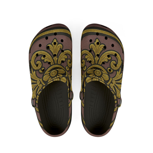 Gilded Mauve With Gold-Black Baroque Stylish EVA Foam Rubber Clogs, Comfortable Slip-On Shoes, Trendy Summer Clogs