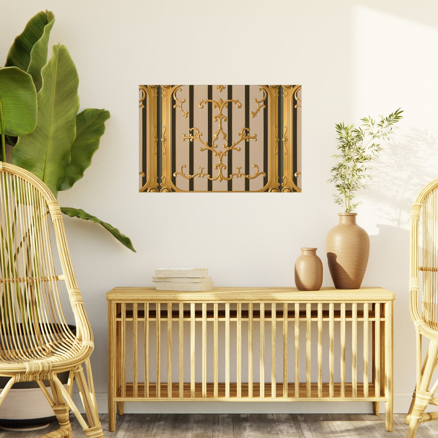 Ornate Foam Board Wall Art, Elegant Home Decor, Decorative Foam Panel, Gift for Homeowners, Wedding Decor Ideas - Beige Striped Gold Rococo