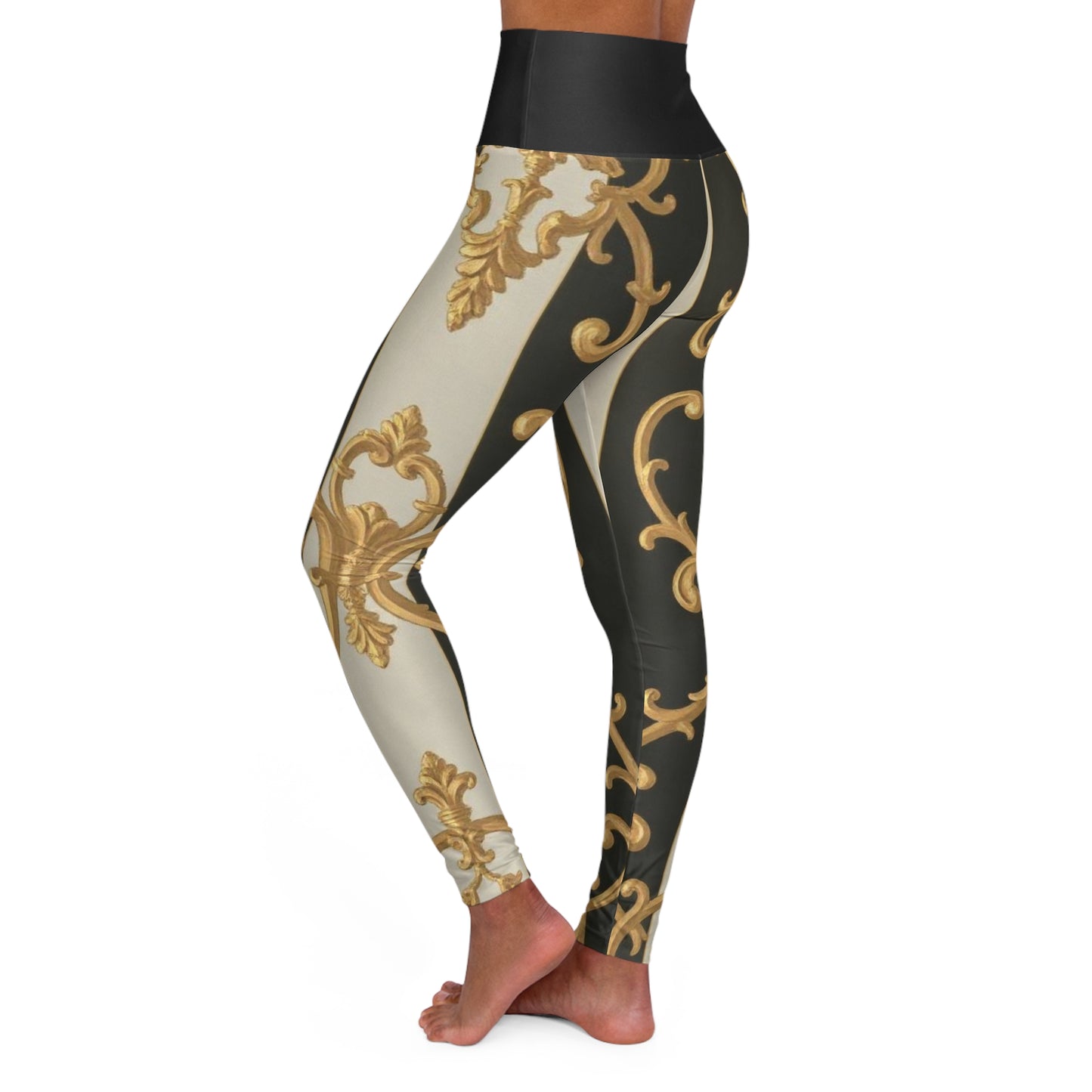 Elegant Black & Alabaster Striped Baroque High Waisted Yoga Leggings, Premium Activewear, Workout Leggings, Stylish Gym Pants