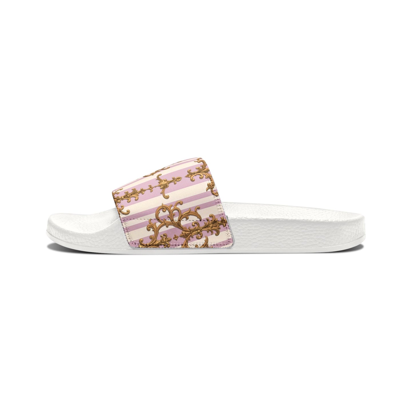 Stylish Women's Sandals with Removable Straps, Comfortable Summer Footwear, Trendy Slippers for Beach - Lilac & Alabaster Striped Gold Baroque