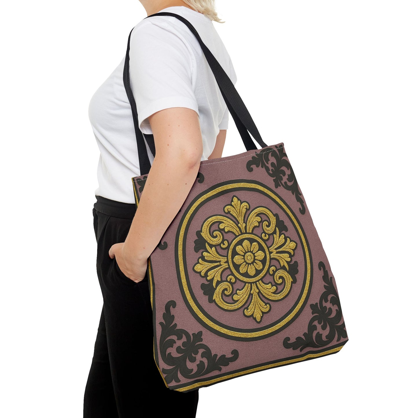 Elegant Gilded Mauve With Gold-Black Baroque Print Tote Bag, Reusable Shopping Tote, Gift for Her, Weekend Bag, Eco-Friendly Handbag