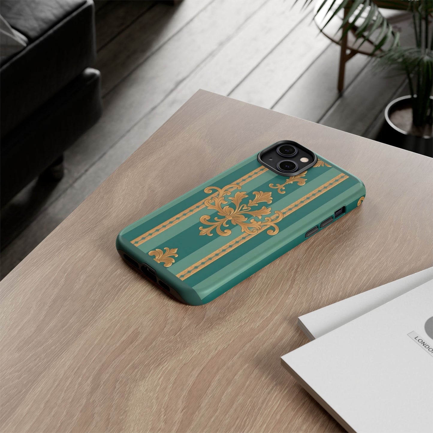 Elegant Floral Motif Phone Case - Tough Cases with Vintage Design - Teal Striped Gold Damask