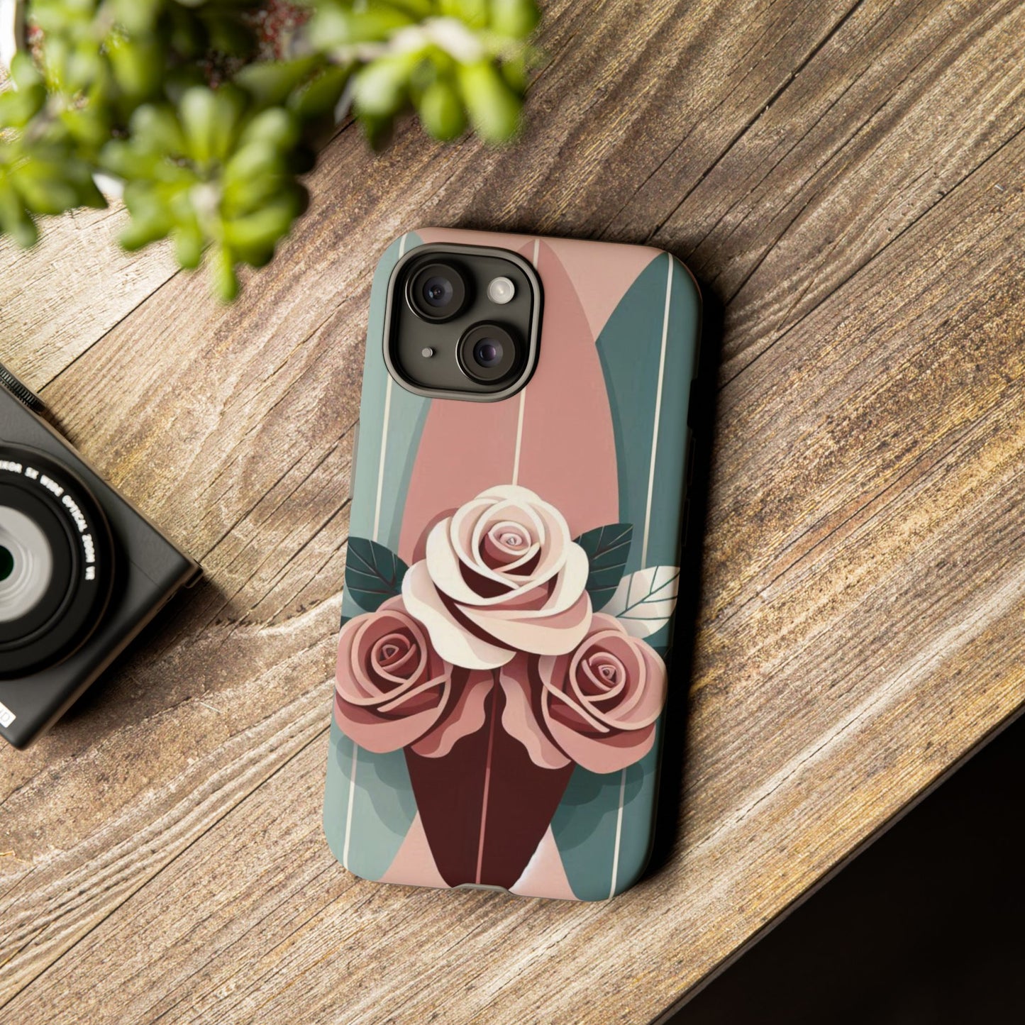 Phone Case - Burgundy, Matte Mauve & Teal Surfboard & Roses Design