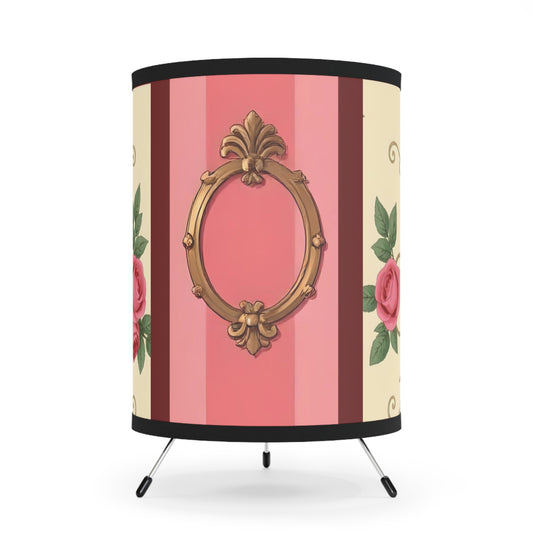 Vintage Floral Tripod Lamp with High-Res Printed Shade - Elegant Home Décor - Pink Striped Baroque & Roses