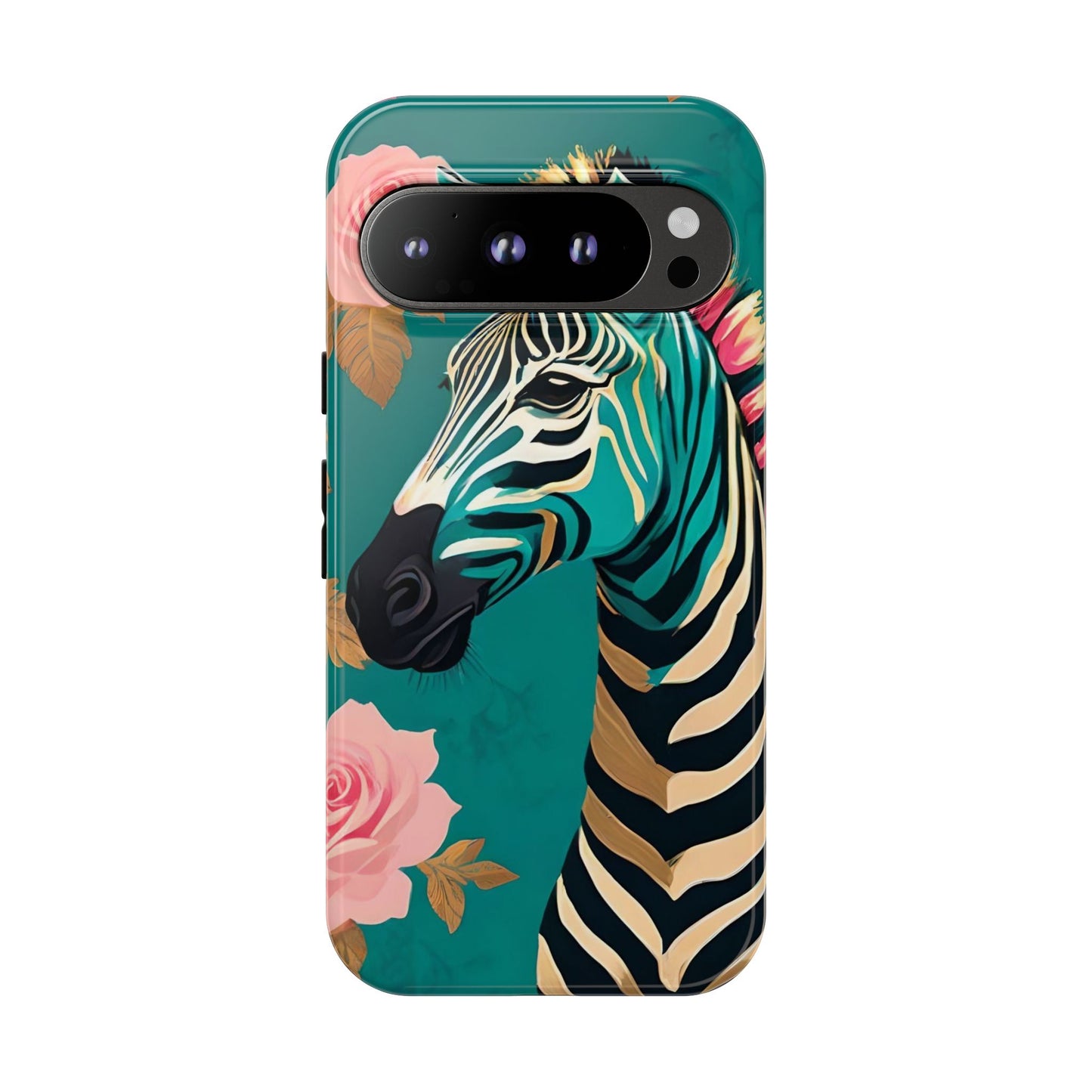 Phone Case - Elegant Teal & Gold Zebra & Roses Design