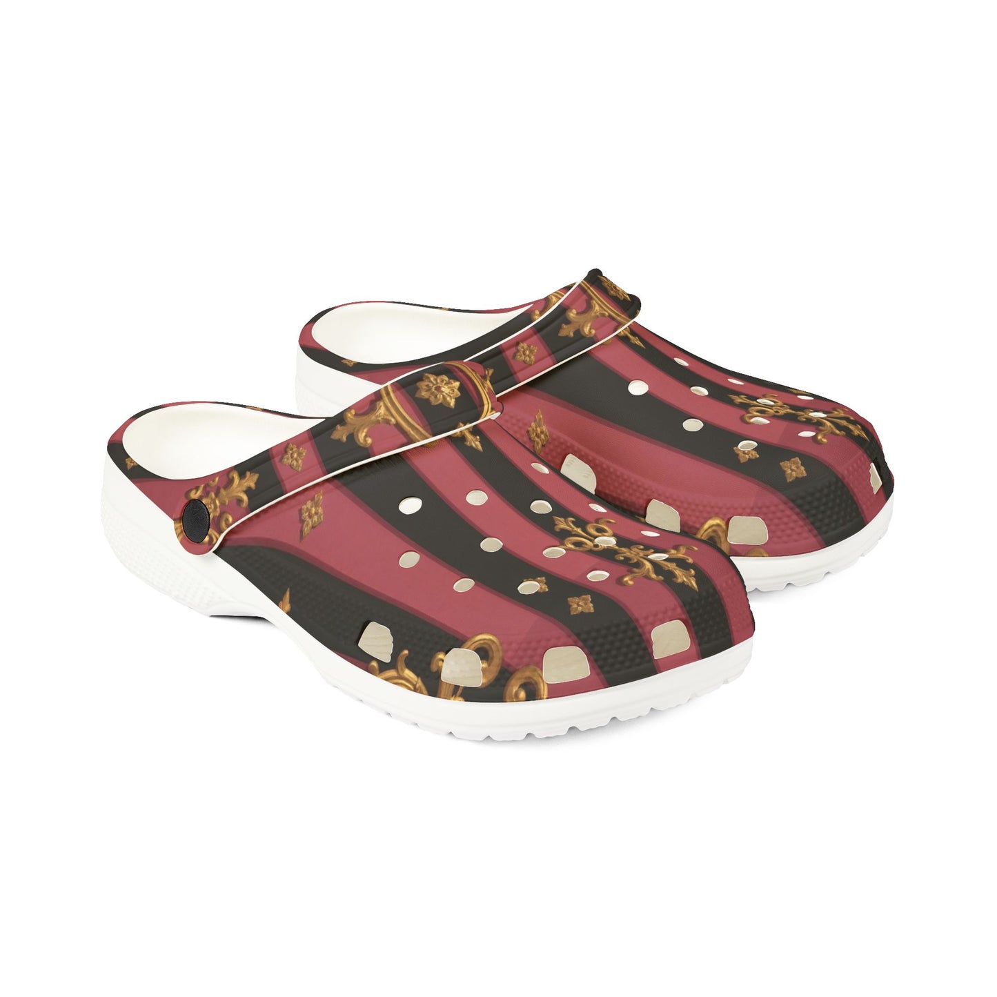 Chic Black & Mauve Striped Gold Baroque EVA Foam Rubber Clogs for Stylish Comfort, Trendy House Shoes, Unique Gift Idea
