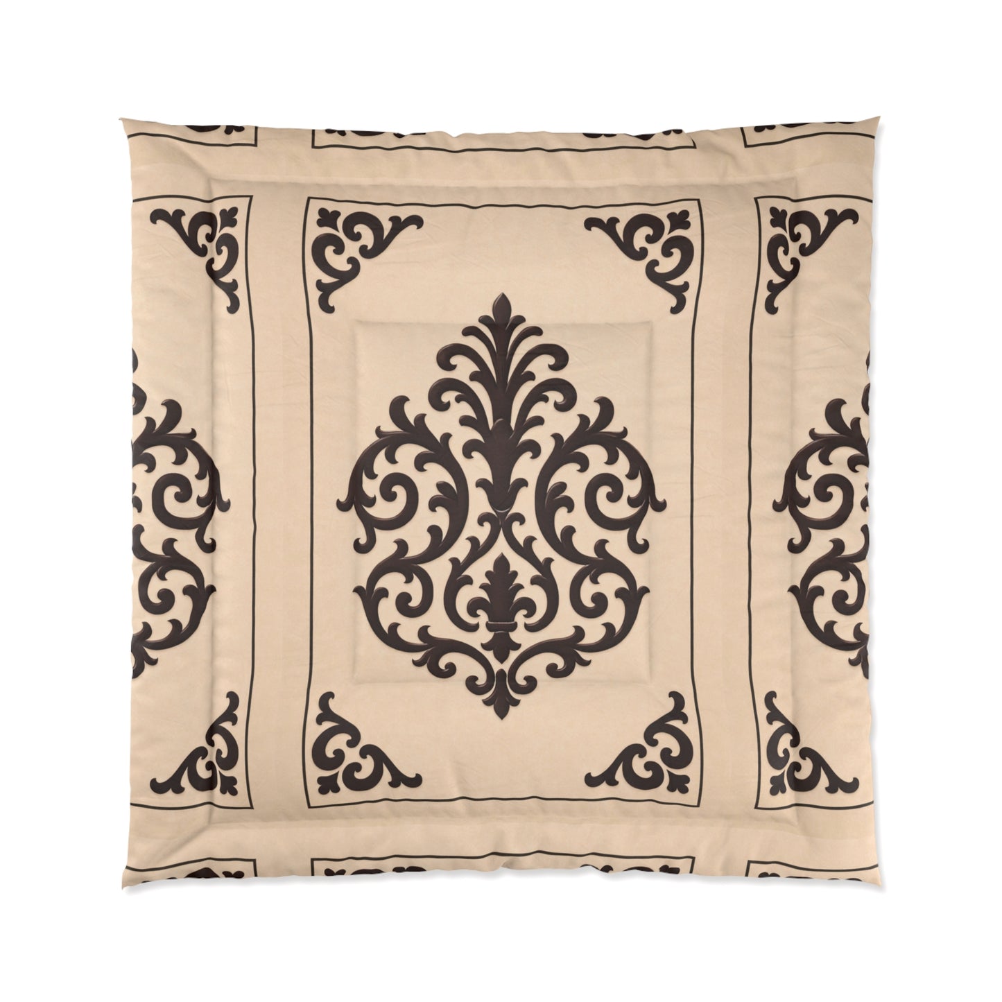 Almond-Beige & Brown Baroque Tile Comforter – Classic Beige & Espresso Decorative Bedding