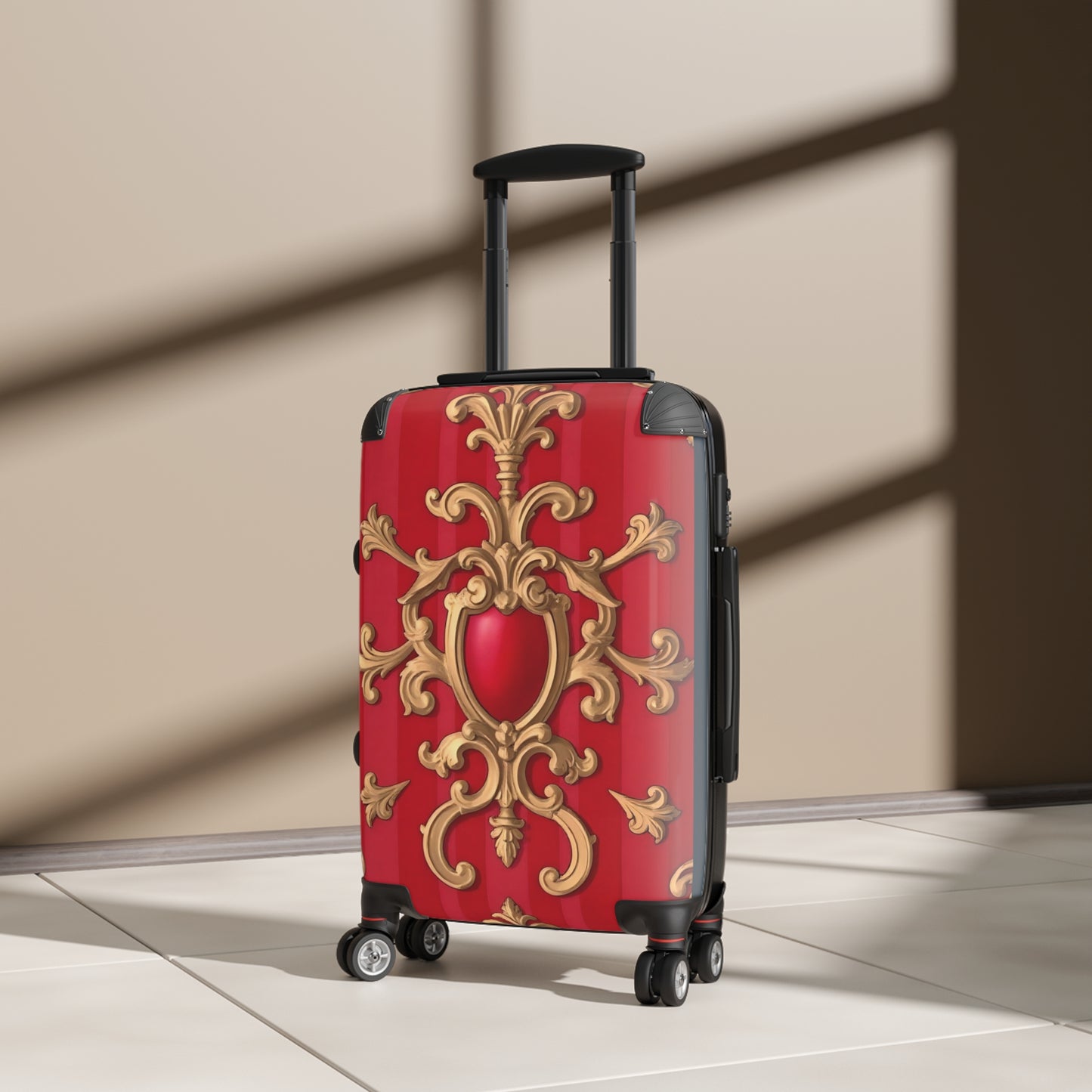 Elegant Red Ornate Suitcase - Travel Luggage for Stylish Journeys, Weekend Getaways, Fashionable Travel, Gift for Travelers - Red Baroque