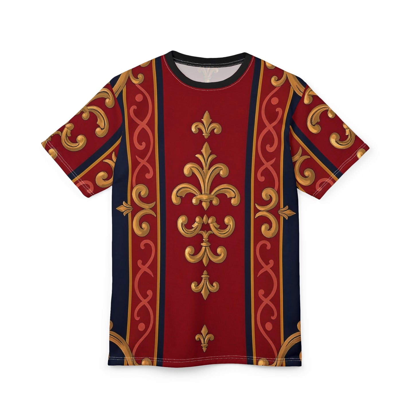 Luxurious Baroque Unisex Tee | Statement Shirt, Casual Wear, Gift Ideas, Fashion Top, All-Occasion Tee - Midnight Blue & Dusk Red Gold Baroque