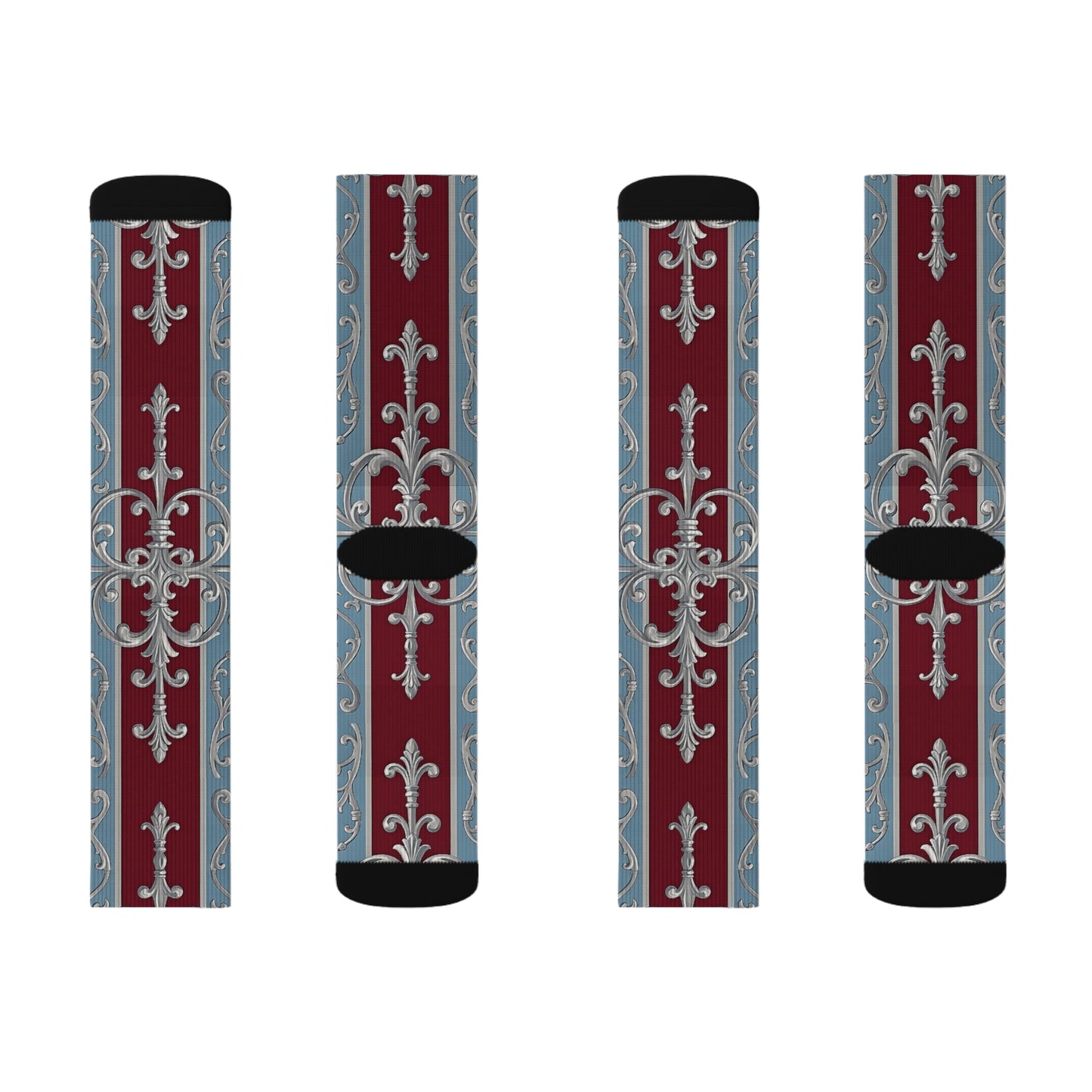 Elegant Sublimation Socks - Vintage Floral Design for Luxe Style - Ice Blue & Burgundy Striped Baroque