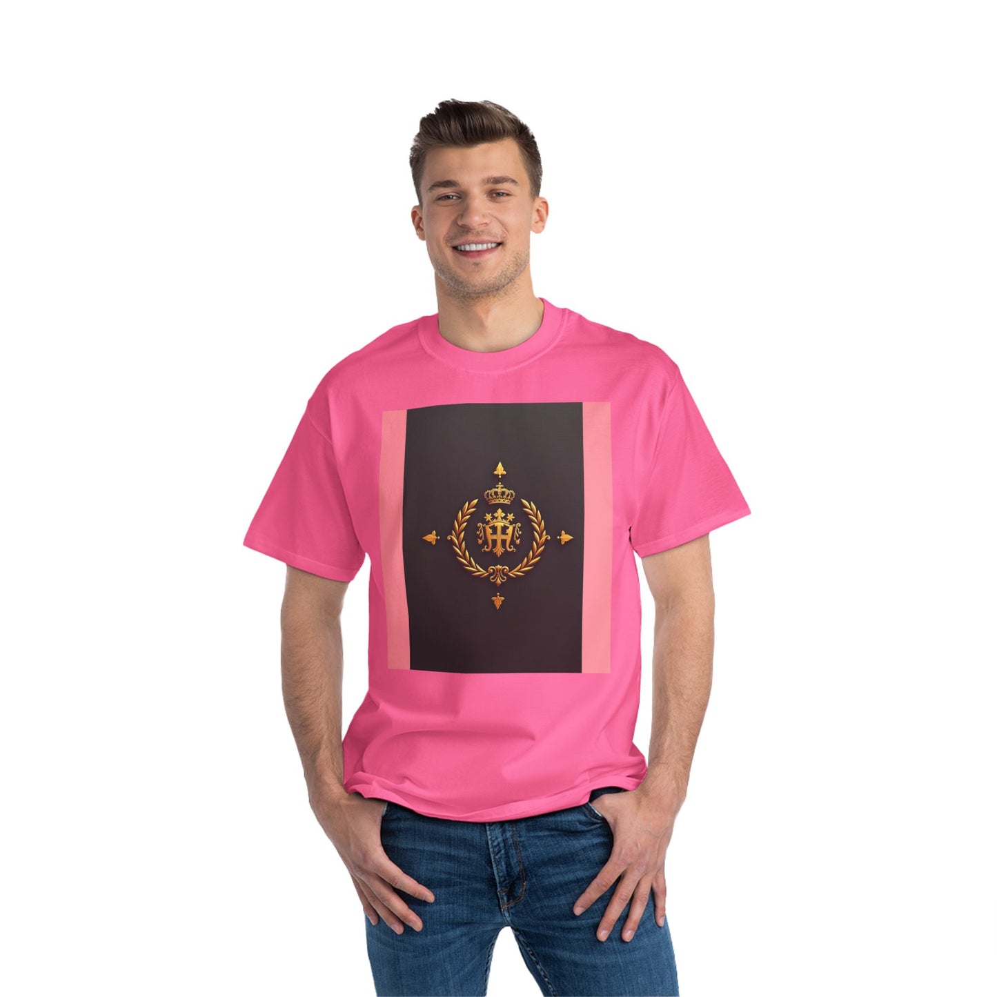 Short-Sleeve Graphic T-Shirt, Stylish Casual Wear, Trendy Gift for Friends, Summer Fashion, Statement Tee, Everyday Comfort - Pink Striped Gold Crest