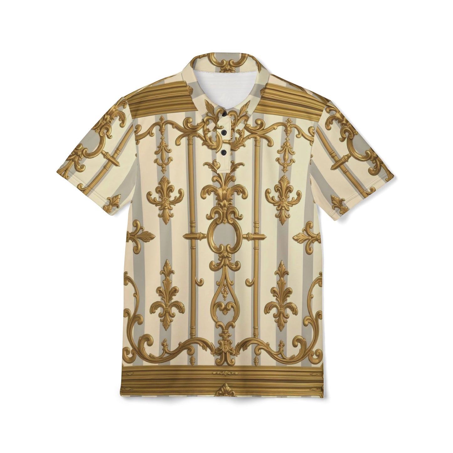 Elegant Gold Pattern Polo Shirt, Stylish Men's Casual Wear, Great for Parties, Weddings, Spring Events - Matte Gray & Cream Striped Gold Baroque