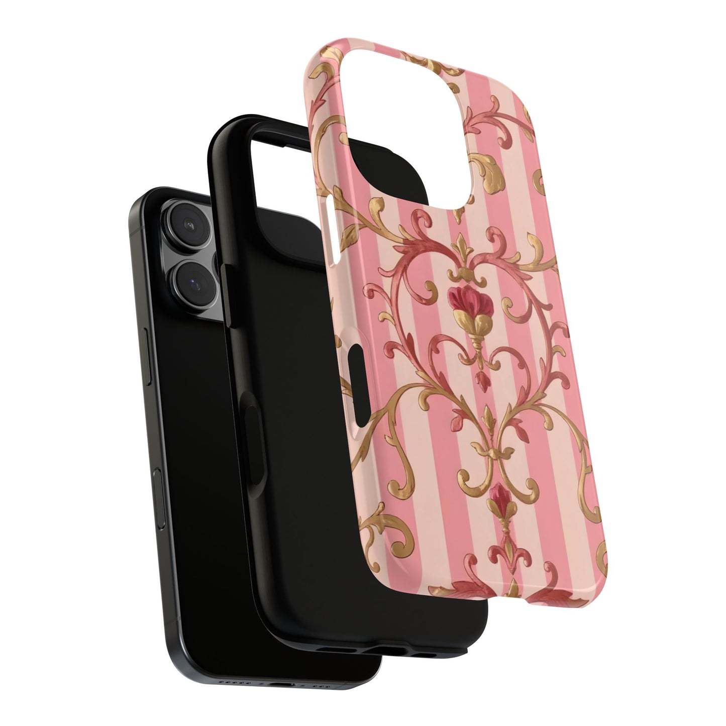 Elegant Floral Motif Phone Case - Tough Cases with Vintage Design - Pink Striped Rose Gold Damask