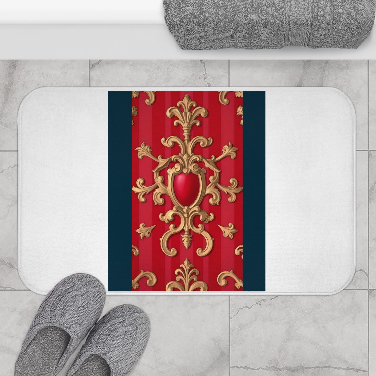 Elegant Red and Gold Decor Bath Mat, Luxurious Bathroom Accessory, Home Decor, Christmas Gift - Blue, Red & White Striped Baroque