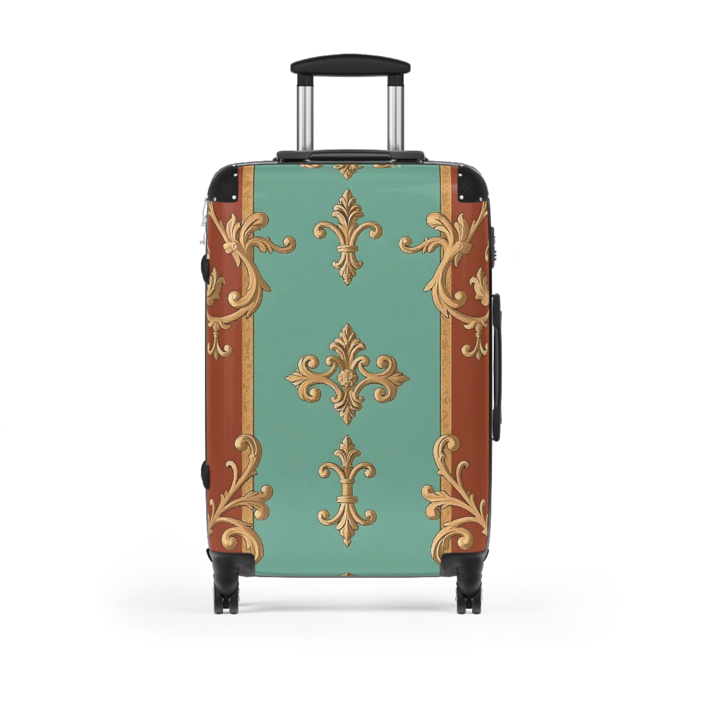 Elegant Travel Suitcase with Vintage Design - Rust & Mint Aqua Striped Baroque