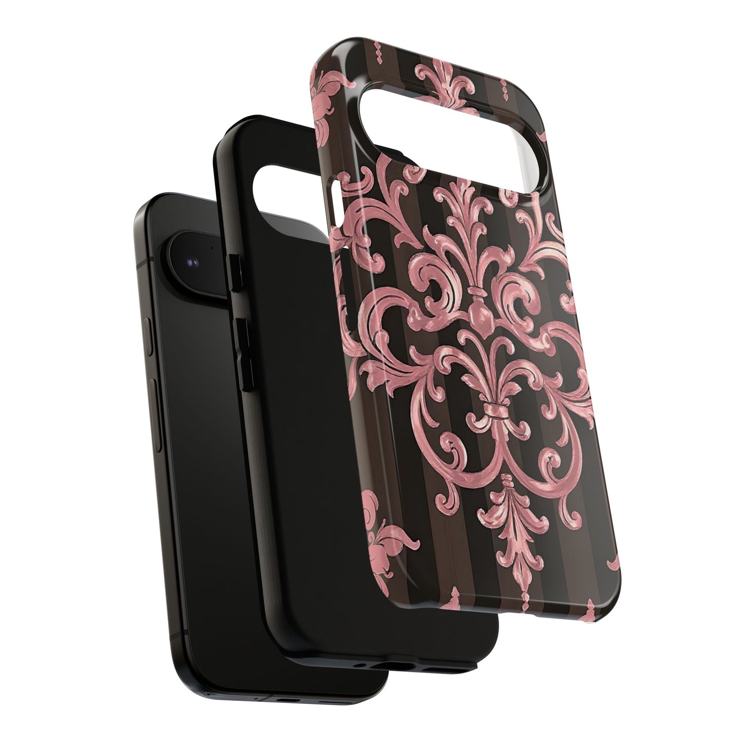 Elegant Floral Motif Phone Case - Tough Cases with Vintage Design - Brown Striped Mauve Damask