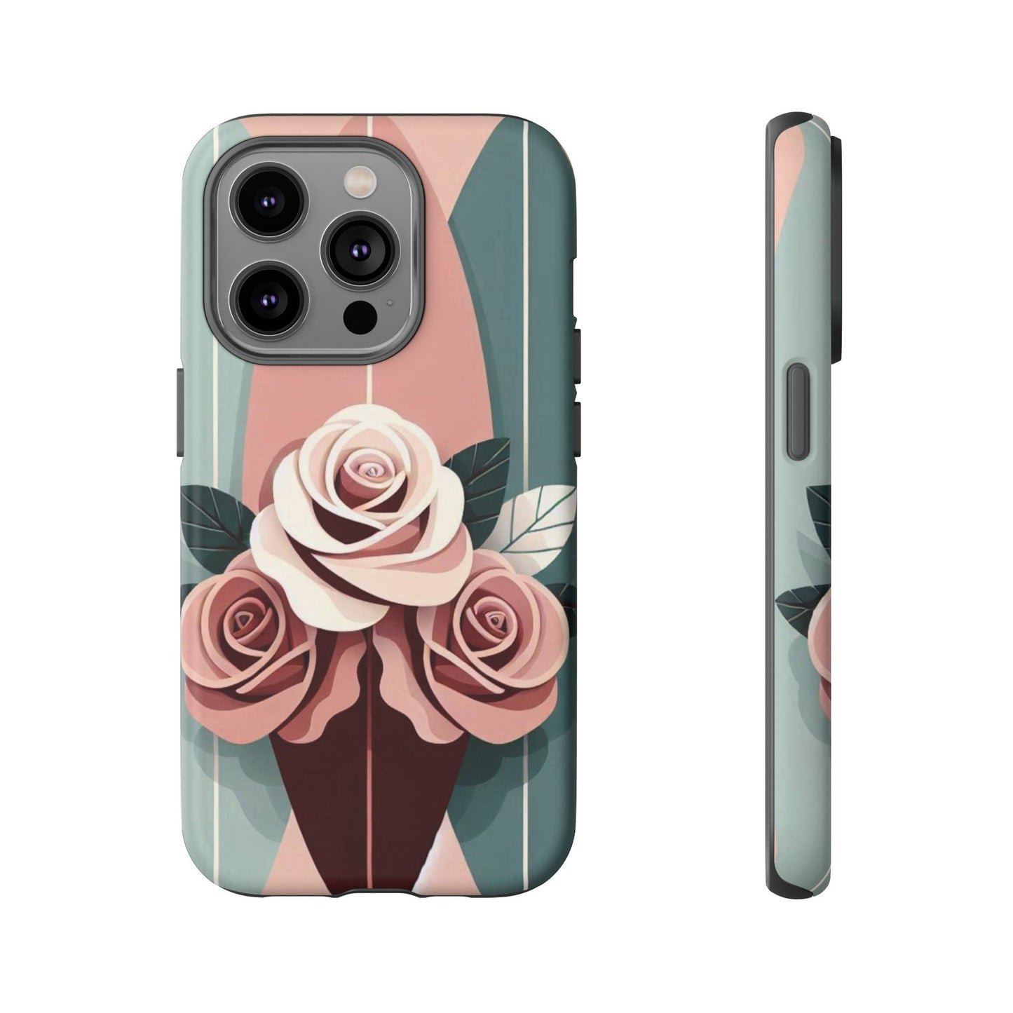 Phone Case - Burgundy, Matte Mauve & Teal Surfboard & Roses Design
