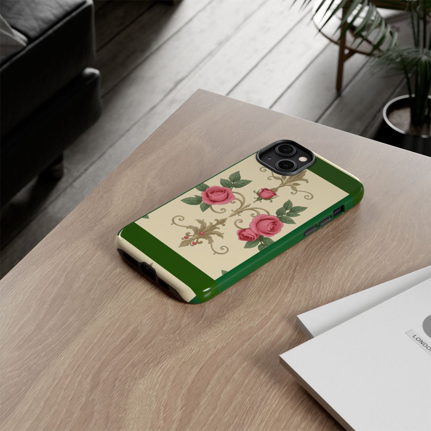 Elegant Floral Motif Phone Case - Tough Cases with Vintage Design - Green Border Roses & Damask
