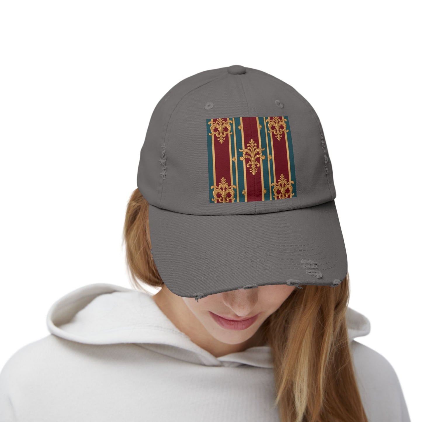 Stylish Unisex Distressed Cap with Vintage Striped Design, Casual Wear, Outdoor Activities, Gift for Him/Her - Burgundy Striped Gold Baroque