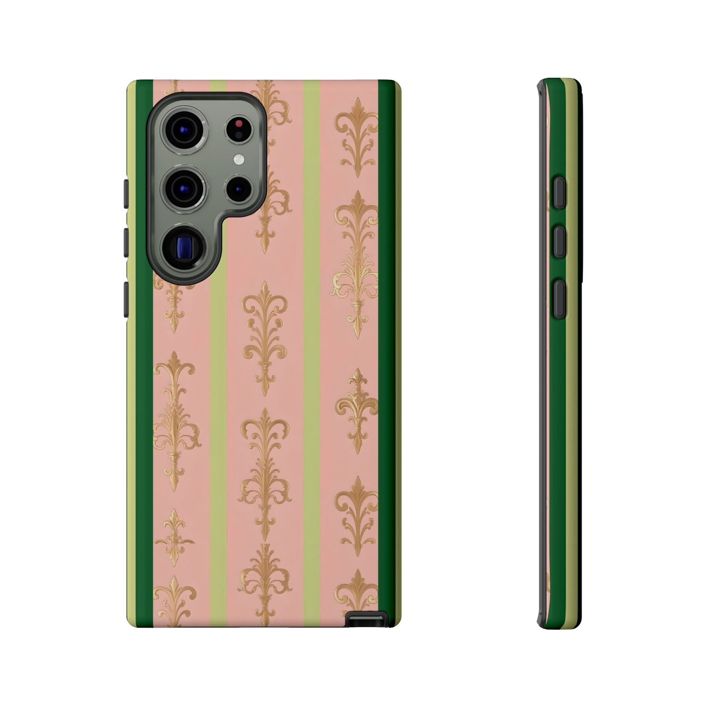 Elegant Floral Motif Phone Case - Tough Cases with Vintage Design - Lime Green & Pink Striped Damask