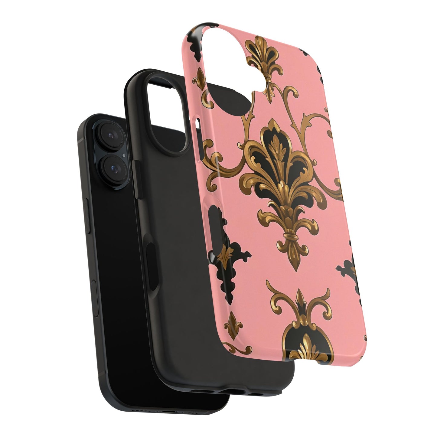 Chic Tough Phone Cases with Floral Design, Elegant Phone Cover, Durable Smartphone Case, Stylish Tech Accessory - Pink, Black & Gold Rococo