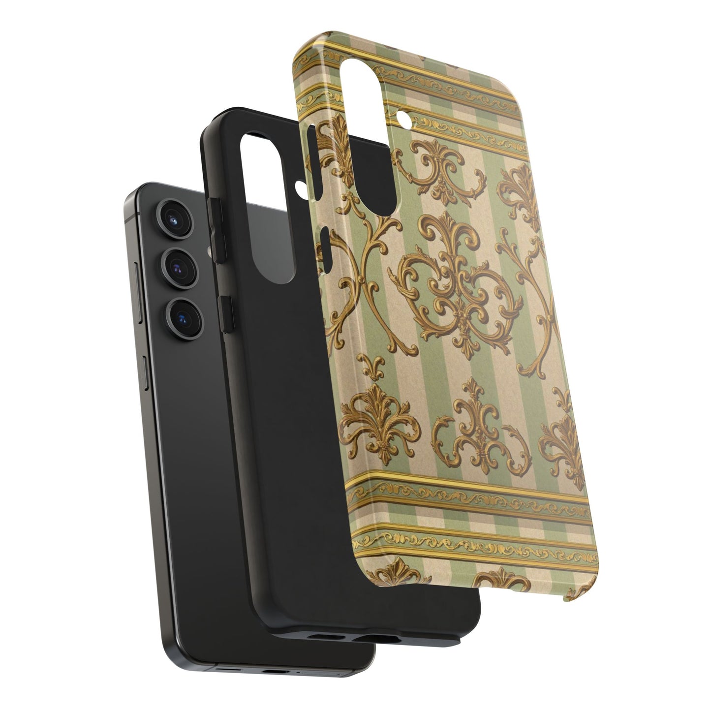 Vintage Elegance Phone Case, Tough Phone Cases for Style, Gift for Birthdays, Stylish Protection - Mint Green & Beige Striped Gold Baroque