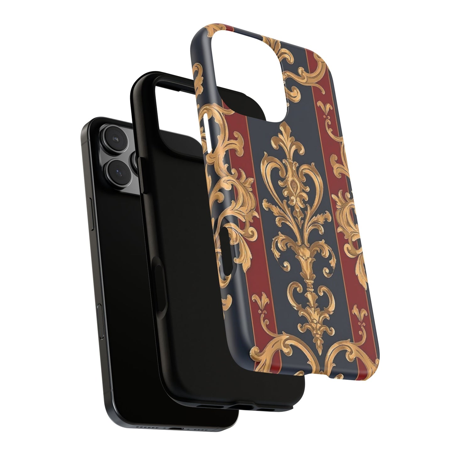 Elegant Floral Motif Phone Case - Tough Cases with Vintage Design - Midnight Blue & Dusk Red Striped Gold Damask