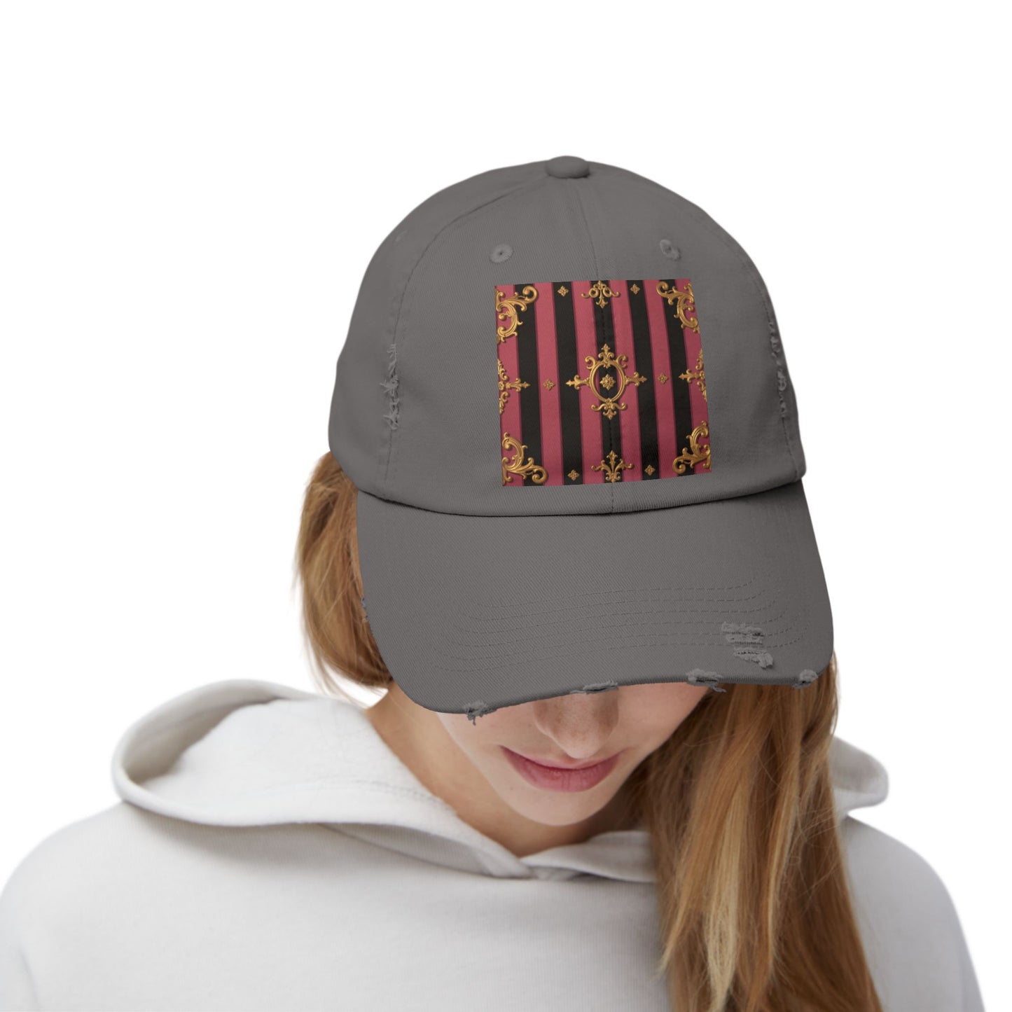 Chic Black & Mauve Striped Gold Baroque Distressed Cap, Trendy Hat, Vintage Style Cap, Gift for Him/Her, Casual Accessory
