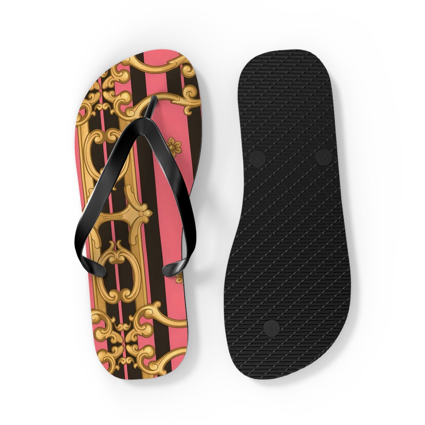 Chic Patterned Flip Flops - Stylish Summer Sandals, Beach Footwear, Pool Slides, Vacation Essentials, Gift for Her - Pink & Black Striped Gold Baroque