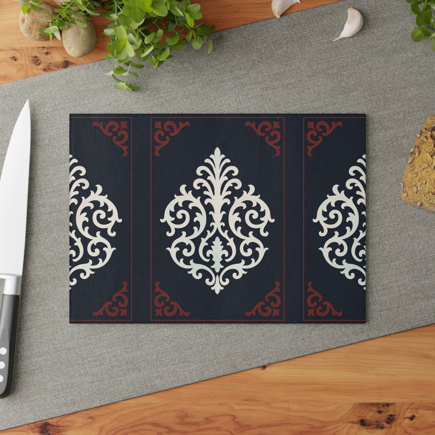 Dusk Blue-Maroon & White Baroque Glass Cutting Board – Elegant Blue & White Kitchen Trivet