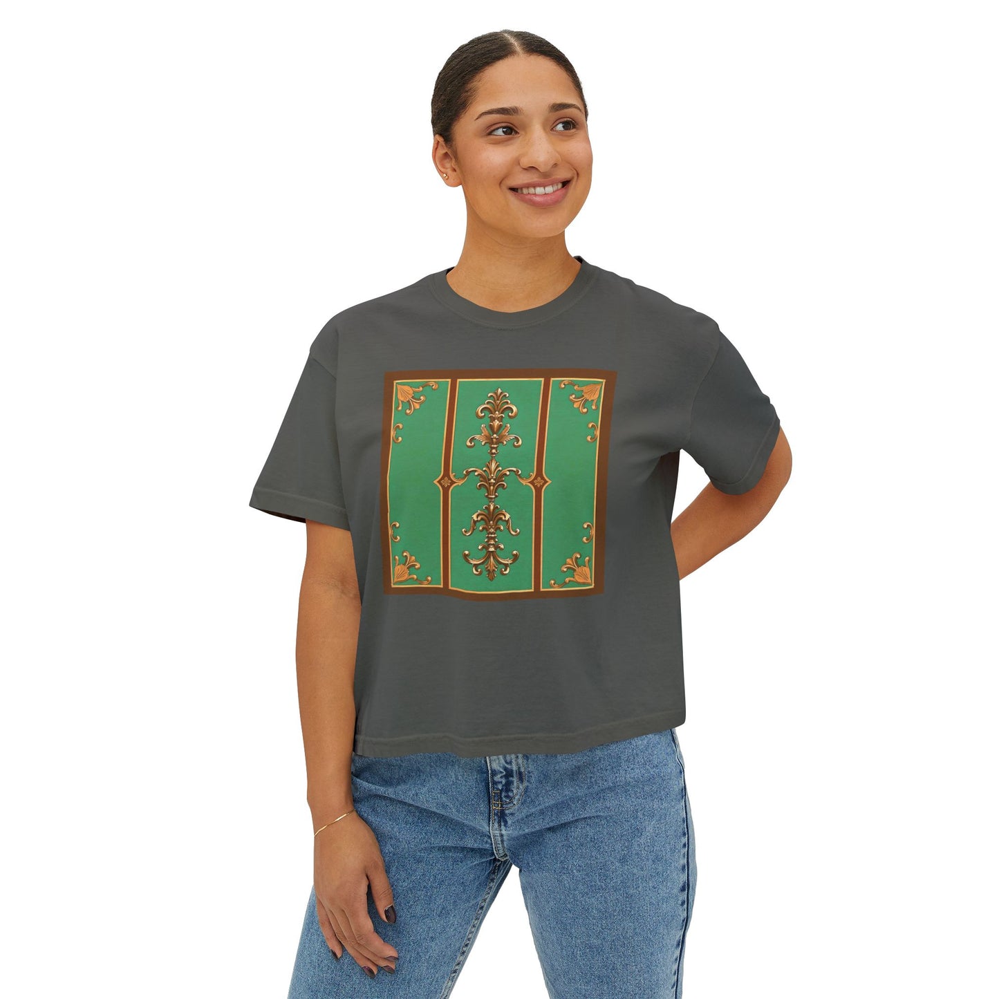 Elegant Vintage Floral Women's Boxy Tee - Trendy Casual Shirt for All Occasions - Rust & Green Striped Baroque