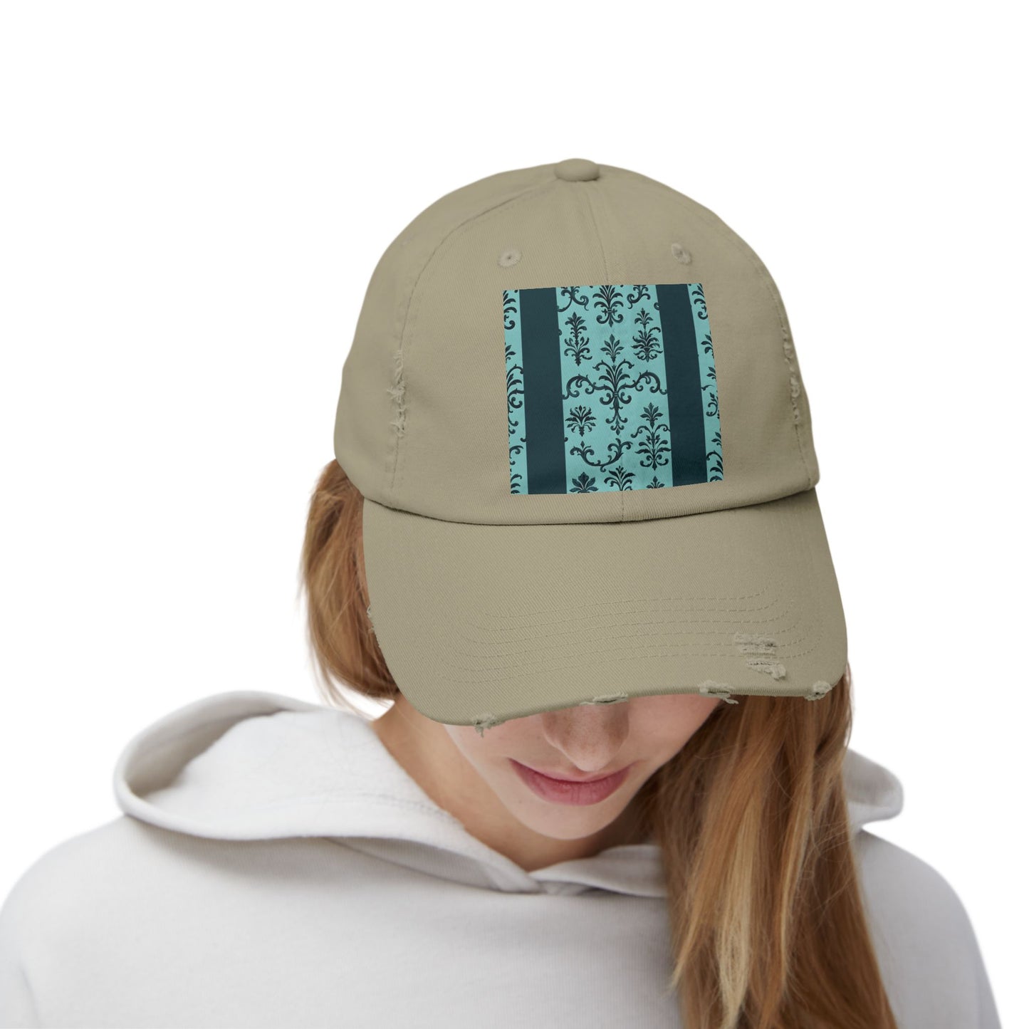 Vintage-Inspired Distressed Cap, Cool Baseball Hat, Casual Headwear, Summer Accessory, Gift for Him Her - Teal Striped Rococo