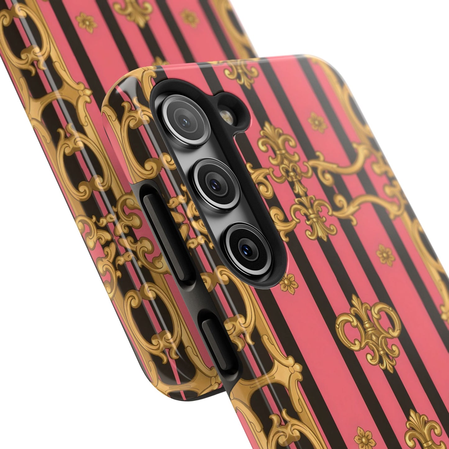 Elegant Baroque Tough Phone Cases, Stylish Protection, Gift for Her, Trendy Accessory - Pink & Black Striped Gold Baroque