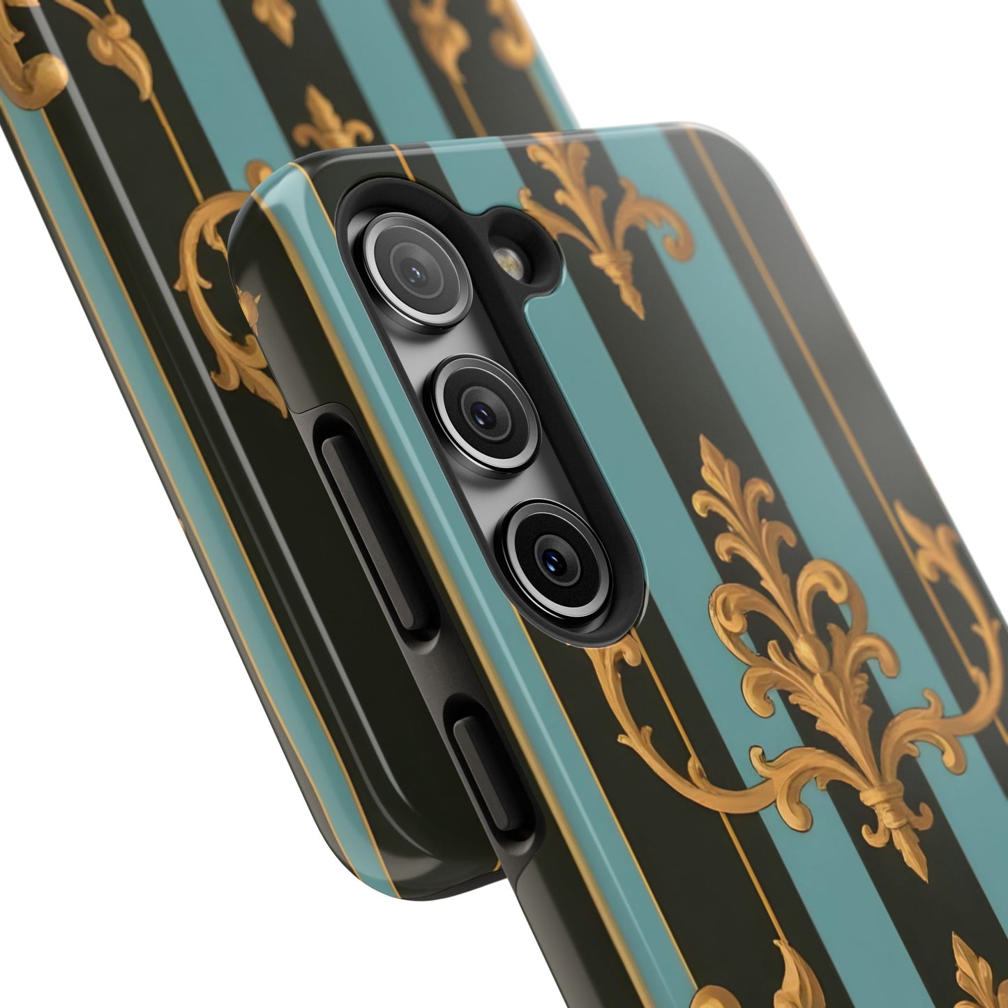 Elegant Baroque Tough Phone Case, Stylish Phone Cover, Durable iPhone Case, Unique Gift - Black & Turquoise Striped Baroque