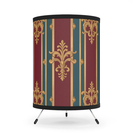 Elegant Tripod Lamp with Floral Design Shade, Home Decor, Stylish Lighting, Vintage Aesthetic, Living Room Accent  - Burgundy Striped Gold Baroque