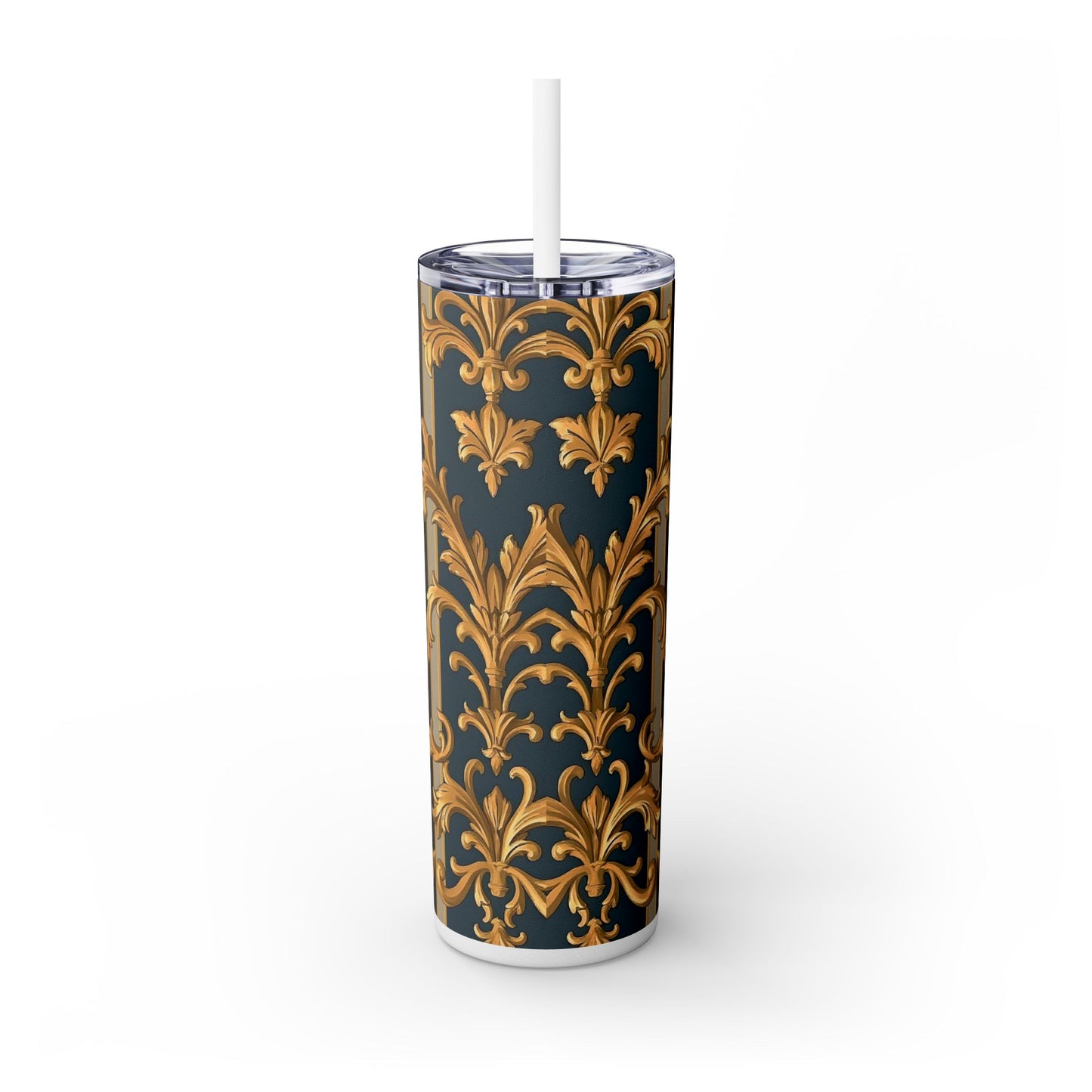Elegant Gold Floral Skinny Tumbler with Straw, 20oz - Stylish Travel Cup, Gift Idea for Birthdays - Blue & Black Striped Rococo